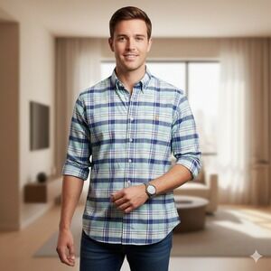 Ralph Lauren Button Down Shirt Mens XL Blue Green Plaid Classic Fit Long Sleeve